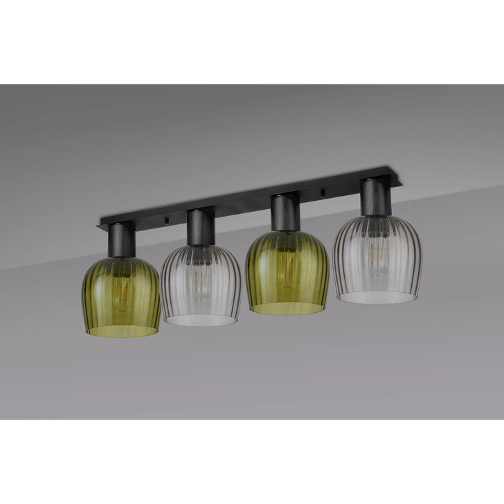 Idolite Adele 105cm 4 Light Flush Linear Ceiling Light Satin Black With Moss Green/Smoke Ribbed Wine Glass Shades