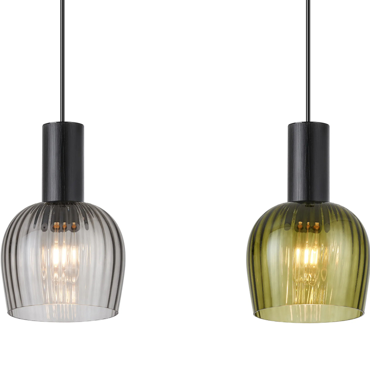 Idolite Adele 150cm 4 Light Linear Bar Pendant Satin Black With Moss Green/Smoke Ribbed Wine Glass Shades