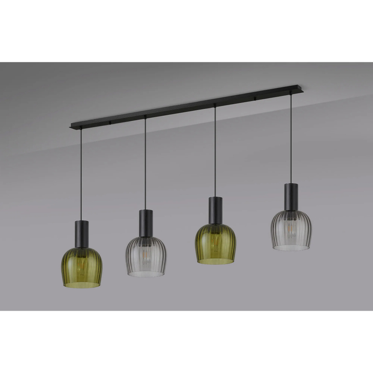 Idolite Adele 150cm 4 Light Linear Bar Pendant Satin Black With Moss Green/Smoke Ribbed Wine Glass Shades
