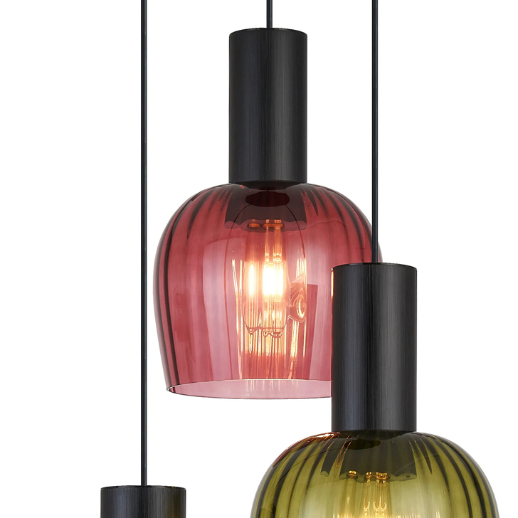 Idolite Adele 47cm 3 Light Round Cluster Pendant Satin Black With Petrol Blue/Moss Green/Purple Ribbed Wine Glass Shades