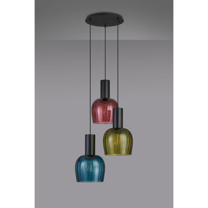 Idolite Adele 47cm 3 Light Round Cluster Pendant Satin Black With Petrol Blue/Moss Green/Purple Ribbed Wine Glass Shades
