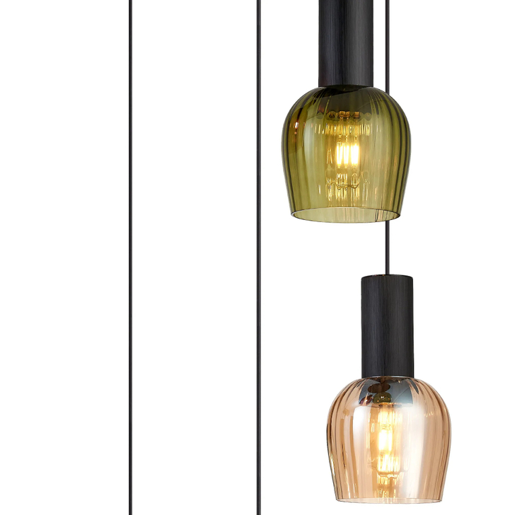 Idolite Adele 62cm 5 Light Round Cluster Pendant Satin Black With Amber/Petrol Blue/Moss Green/Purple Ribbed Wine Glass Shades
