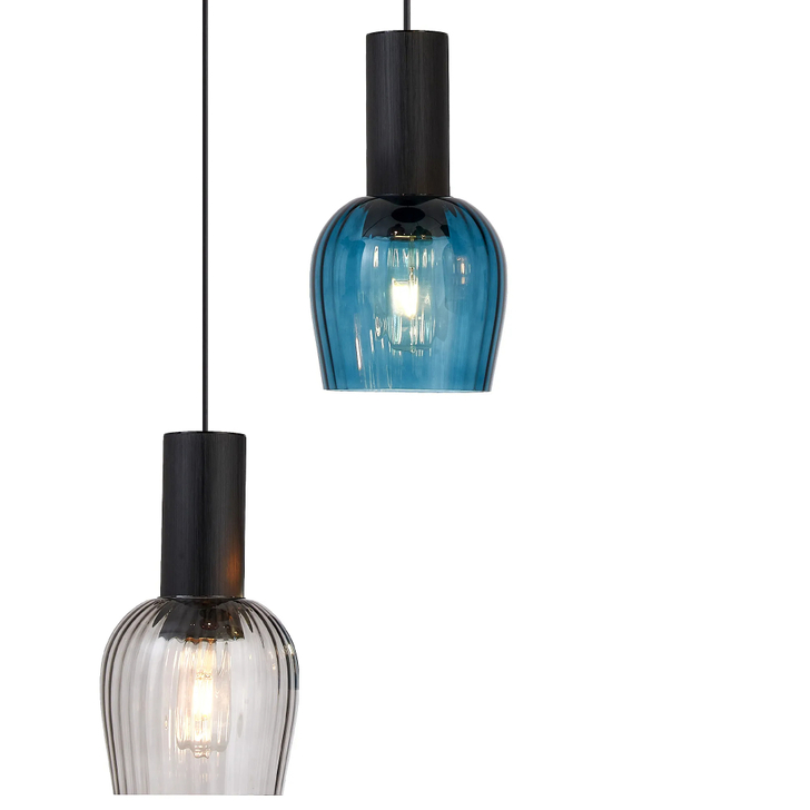 Idolite Adele 62cm 5 Light Round Cluster Pendant Satin Black With Amber/Petrol Blue/Moss Green/Purple Ribbed Wine Glass Shades