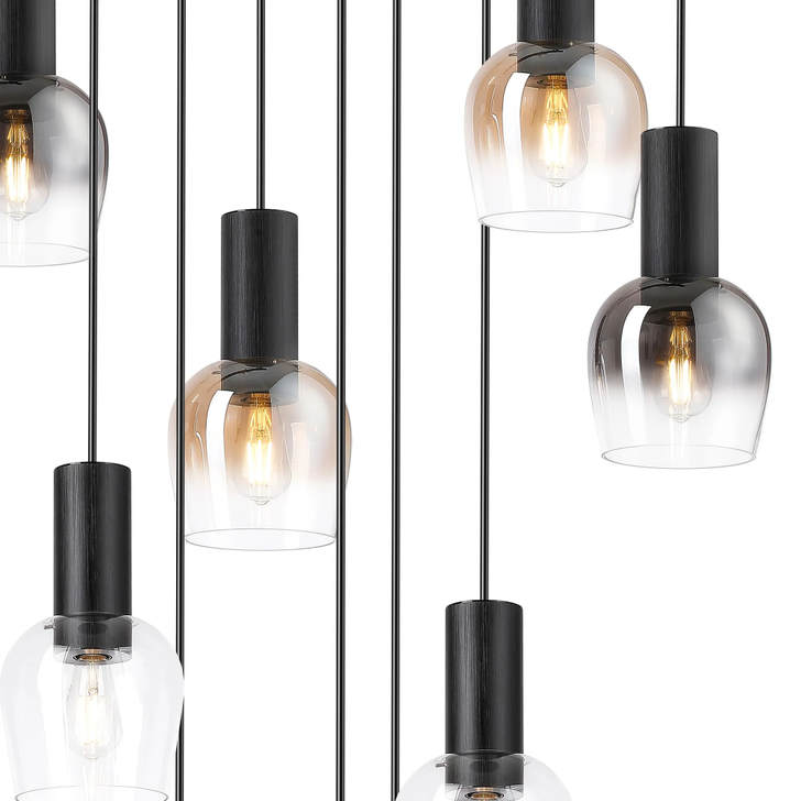 Idolite Adele 97cm 9 Light Round Cluster Pendant Satin Black With Amber Fade/Clear/Smoke Fade Wine Glass Shades