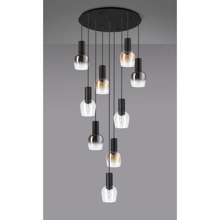Idolite Adele 97cm 9 Light Round Cluster Pendant Satin Black With Amber Fade/Clear/Smoke Fade Wine Glass Shades