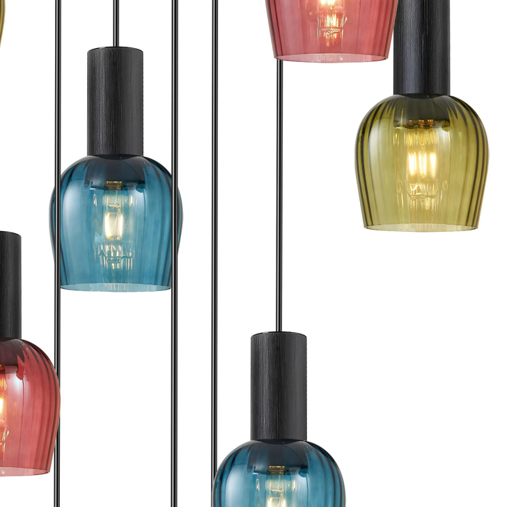 Idolite Adele 97cm 9 Light Round Cluster Pendant Satin Black With Petrol Blue/Moss Green/Purple Ribbed Wine Glass Shades