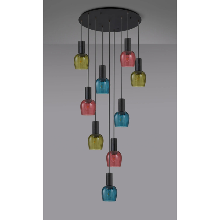 Idolite Adele 97cm 9 Light Round Cluster Pendant Satin Black With Petrol Blue/Moss Green/Purple Ribbed Wine Glass Shades