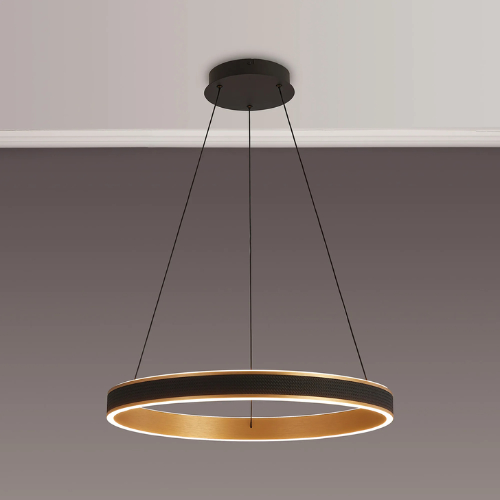 Idolite Aralia 60cm Black Faux Leather And Brushed Gold Led Ring Pendant Light Complete With Remote Control - Cct Tuneable 3000K-6000K