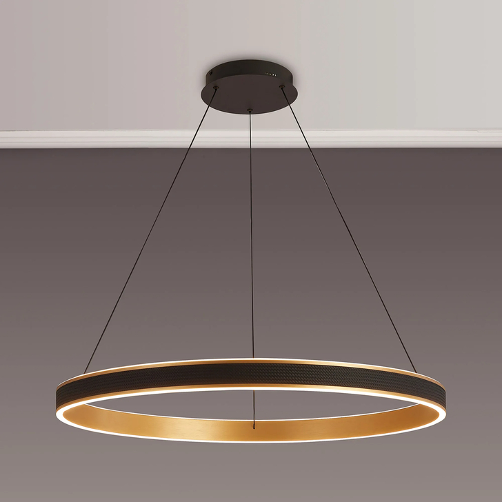 Idolite Aralia 80cm Black Faux Leather And Brushed Gold Led Ring Pendant Light Complete With Remote Control - Cct Tuneable 3000K-6000K