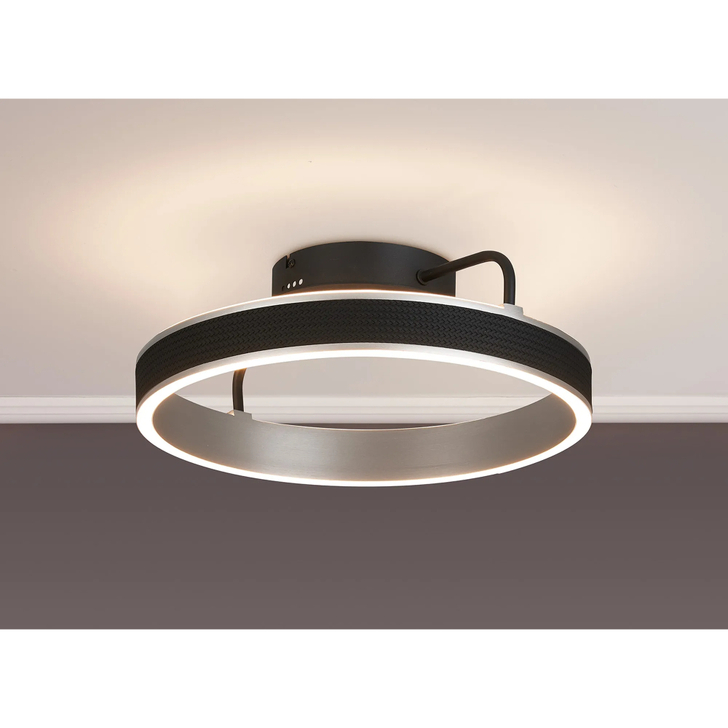 Idolite Aster 40cm Black Faux Leather/Brushed Antique Silver Round Flush Led Light With Remote Control - Tuneable White 3000-6000K