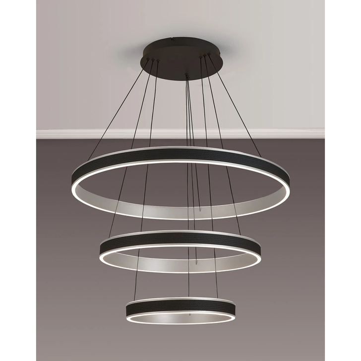Idolite Aster 80cm/60cm/40cm 3 Tier Ring Pendant in Black Faux Leather/Brushed Antique Silver Finish With Remote Control - Tuneable White 3000-6000K