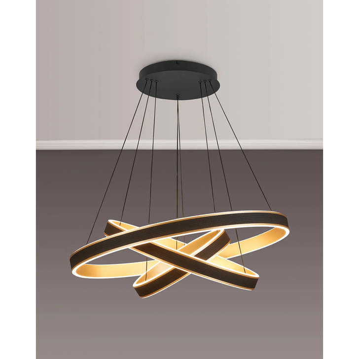 Idolite Aster 80cm/60cm/40cm 3 Tier Ring Pendant in Black Faux Leather/Brushed Gold Finish With Remote Control - Tuneable White 3000-6000K