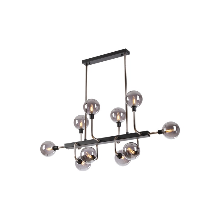 Idolite Atlas Graphite/Satin Nickel 10 Light Linear Bar Pendant Complete With Sphere Smoked Glass Shades