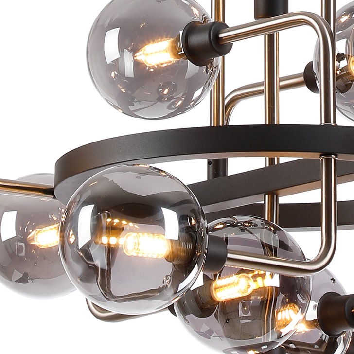 Idolite Atlas Graphite/Satin Nickel 12 Light Pendant Complete With Sphere Smoked Glass Shades