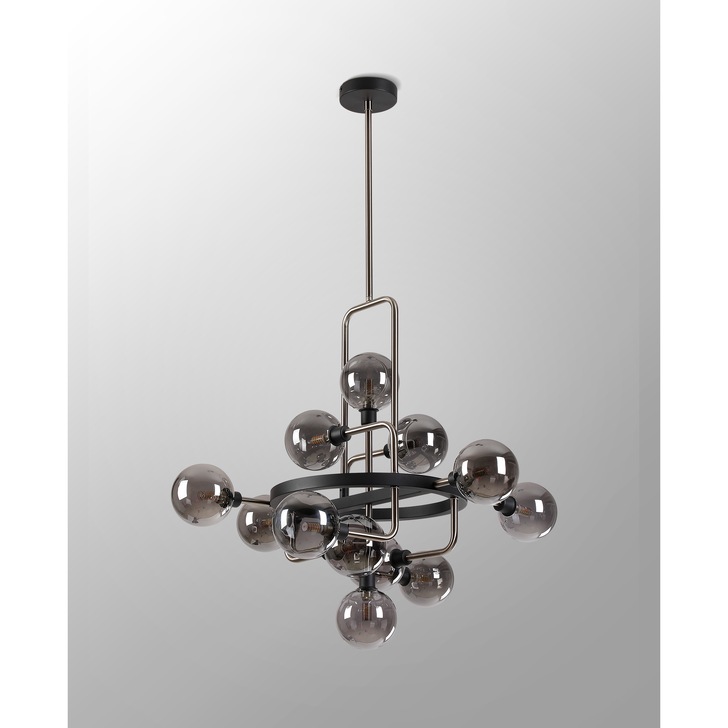 Idolite Atlas Graphite/Satin Nickel 12 Light Pendant Complete With Sphere Smoked Glass Shades