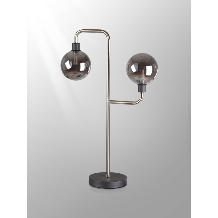 Idolite Atlas Graphite/Satin Nickel 2 Light Table Lamp Complete With Sphere Smoked Glass Shades