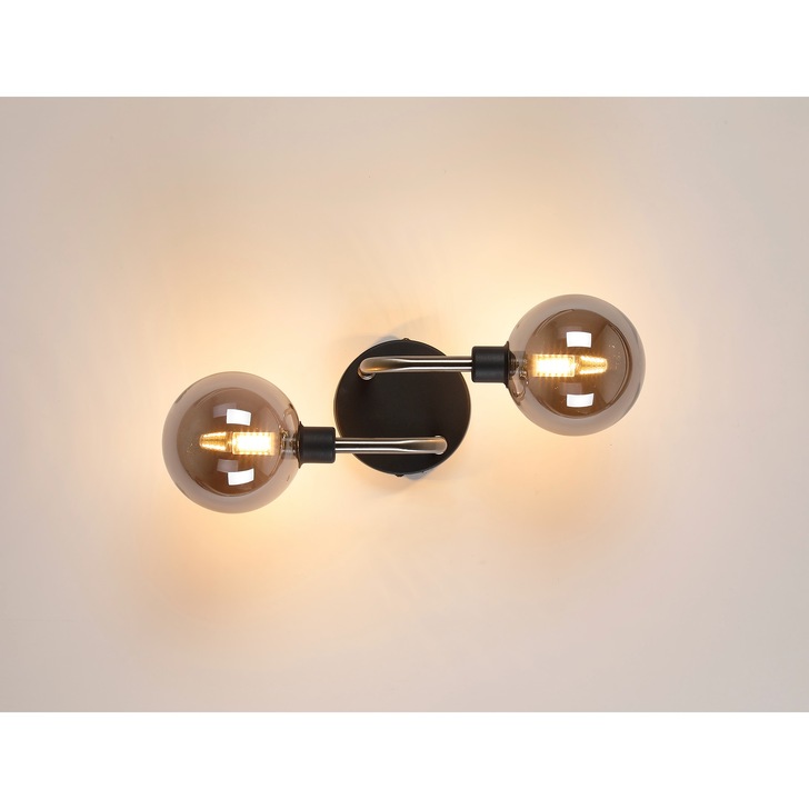 Idolite Atlas Graphite/Satin Nickel 2 Light Wall Light Complete With Sphere Smoked Glass Shades