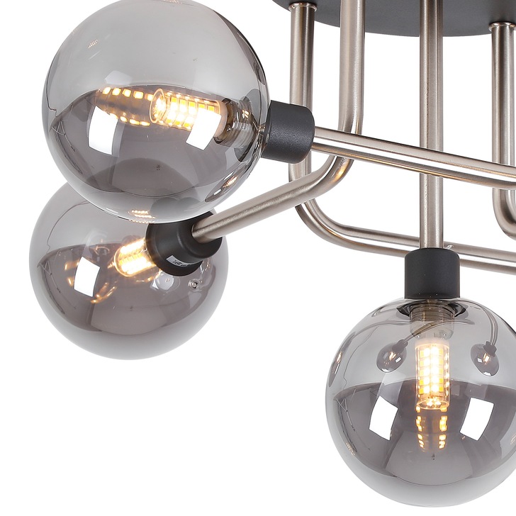 Idolite Atlas Graphite/Satin Nickel 5 Light Semi Flush Ceiling Light Complete With Sphere Smoked Glass Shades