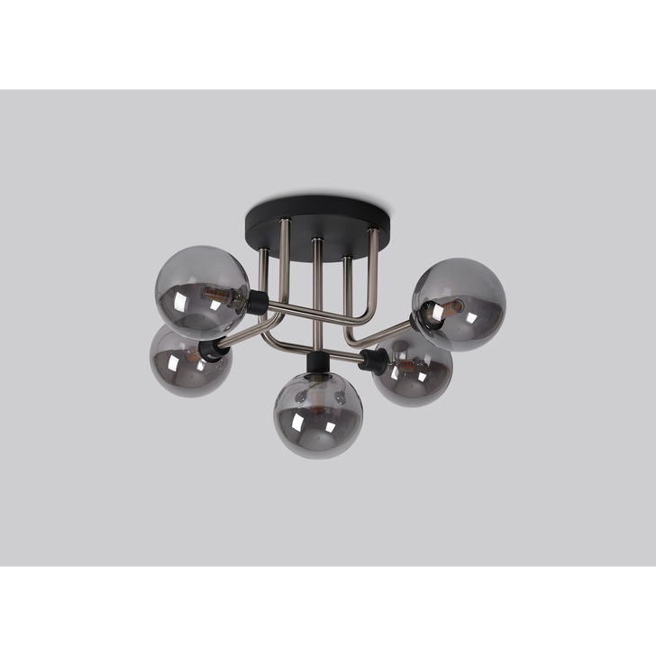 Idolite Atlas Graphite/Satin Nickel 5 Light Semi Flush Ceiling Light Complete With Sphere Smoked Glass Shades