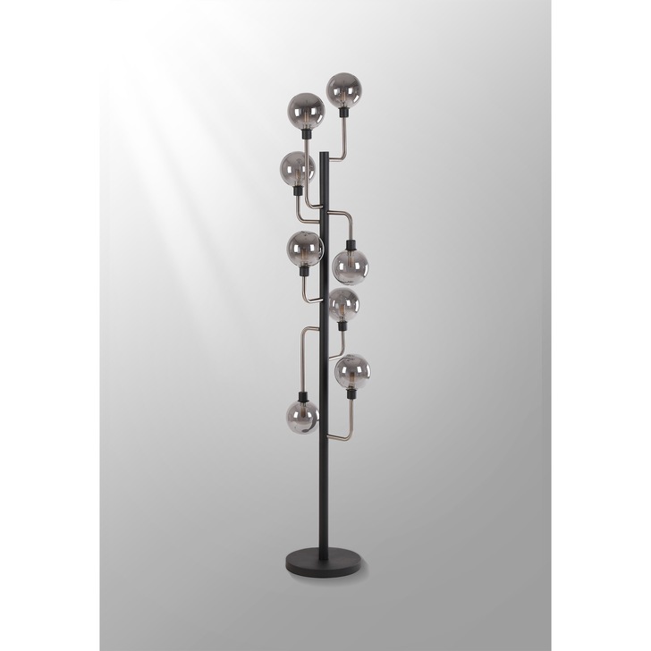 Idolite Atlas Graphite/Satin Nickel 8 Light Floor Lamp Complete With Sphere Smoked Glass Shades