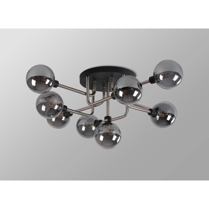 Idolite Atlas Graphite/Satin Nickel 9 Light Semi Flush Ceiling Light Complete With Sphere Smoked Glass Shades