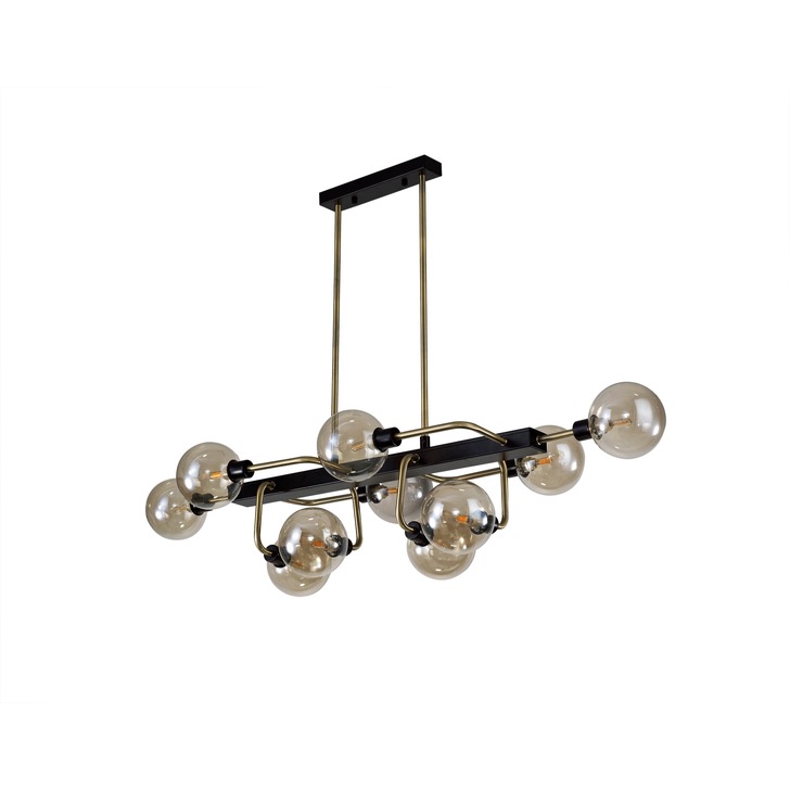 Idolite Atlas Matt Black/Antique Brass 10 Light Linear Bar Pendant C/W Cognac Glass Globes