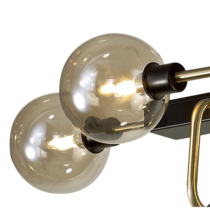 Idolite Atlas Matt Black/Antique Brass 10 Light Linear Bar Pendant C/W Cognac Glass Globes