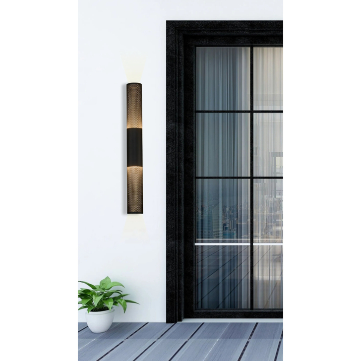 Idolite Bevin Up/Down Wall Lamp: 2 x 10W LED: 3000K: 1500lm: IP54: Black With 900mm Mesh Oval Pattern Shade (A)