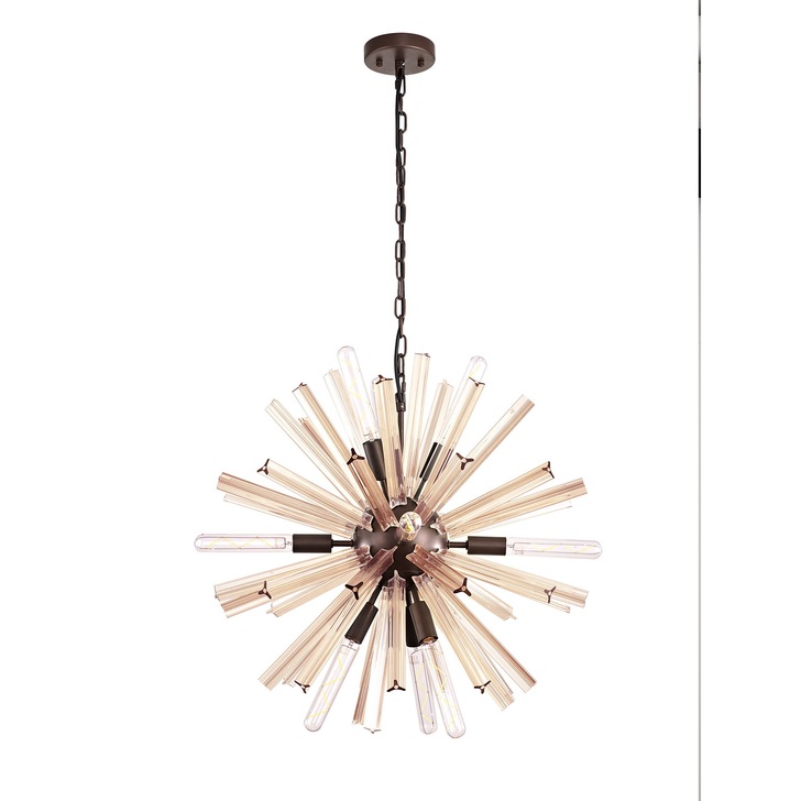 Idolite Burns Brown Oxide Round 10 Light Pendant Light Complete With Champagne Glass Rods