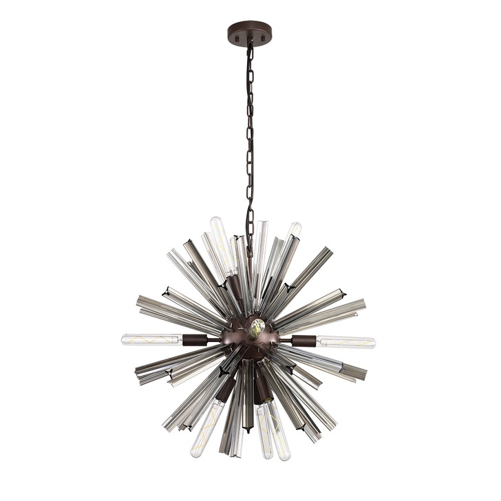 Idolite Burns Brown Oxide Round 10 Light Pendant Light Complete With Smoke Glass Rods