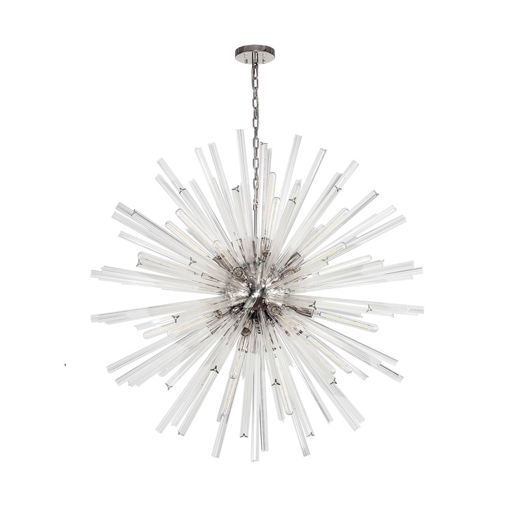 Idolite Burns Polished Nickel Large 32 Light Round Pendant Complete With Clear Glass Rods