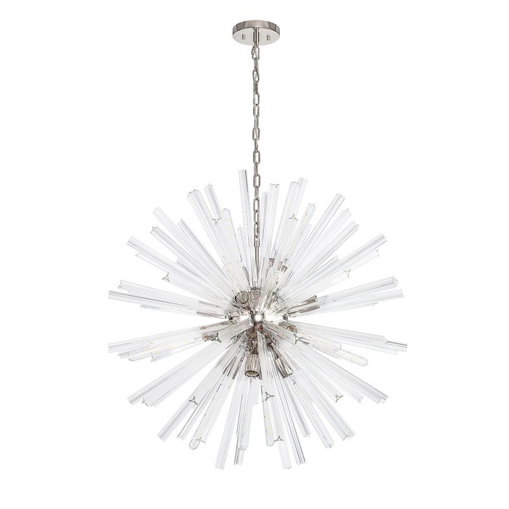 Idolite Burns Polished Nickel Medium 16 Light Round Pendant Complete With Clear Glass Rods