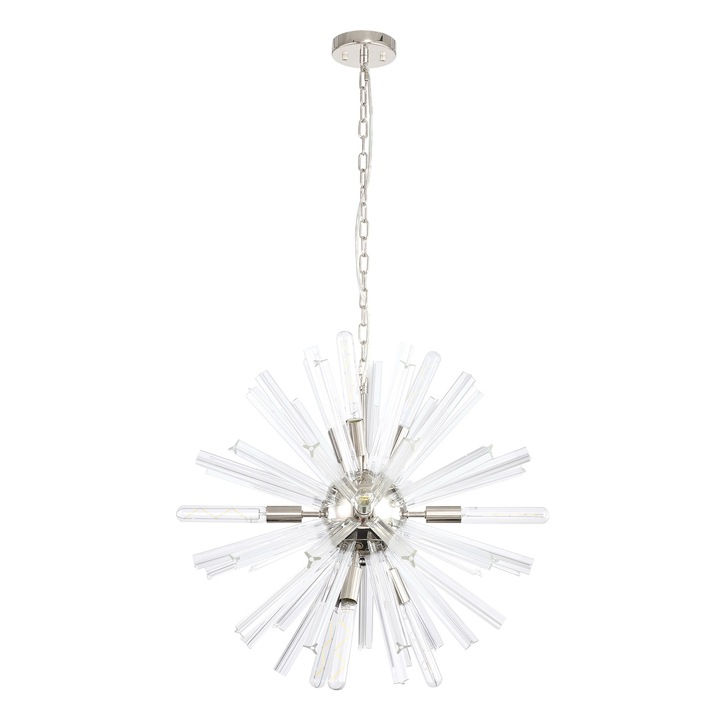 Idolite Burns Polished Nickel Round 10 Light Pendant Complete With Clear Glass Rods