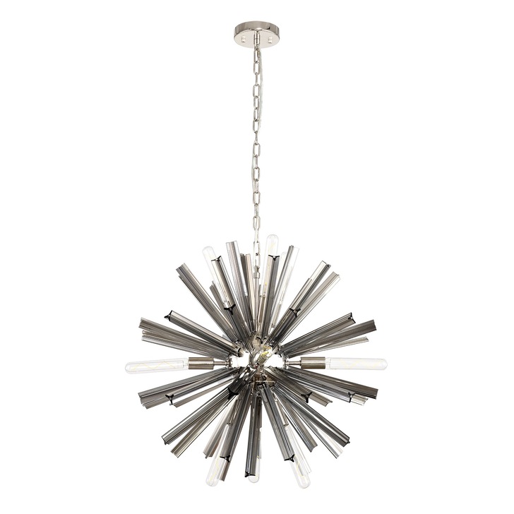 Idolite Burns Polished Nickel Round 10 Light Pendant Complete With Smoke Glass Rods