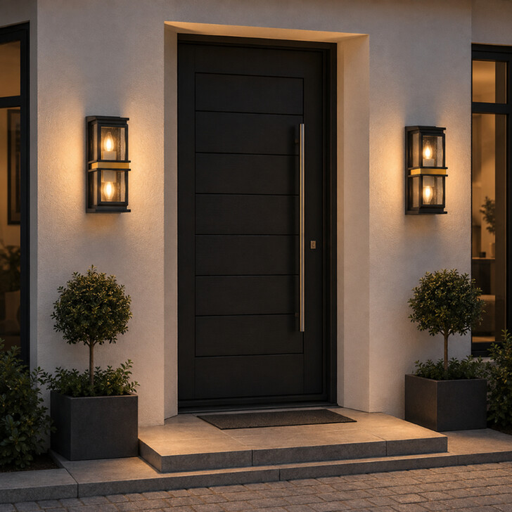 Idolite Buxton Flush 2 Light Exterior Wall Lantern In Black And Gold With Clear Seeded Glass