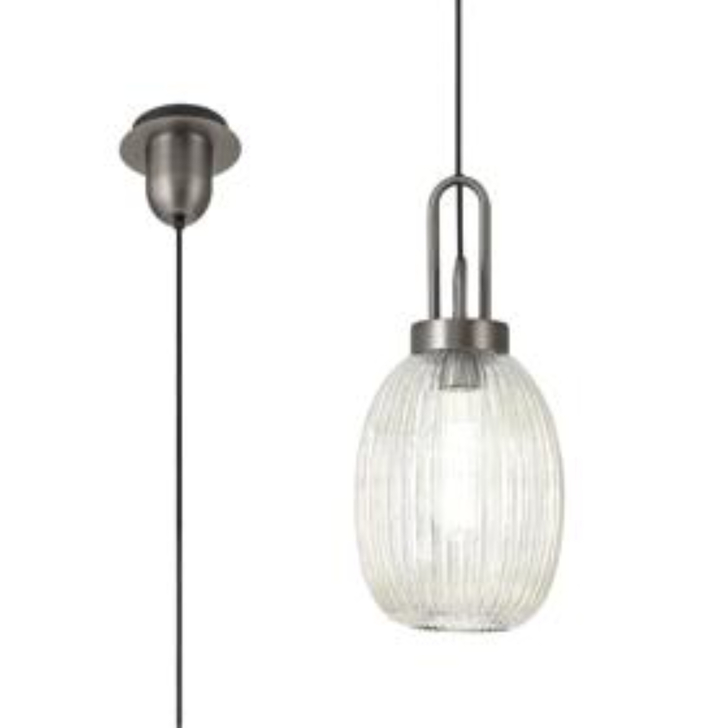 Idolite Camille 1 Light Pendant E27 20cm Almond Ribbed Glass, Champagne Antique Silver/Black