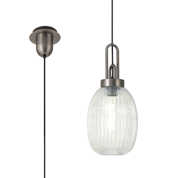 Idolite Camille 1 Light Pendant E27 20cm Almond Ribbed Glass, Clear Antique Silver/Black