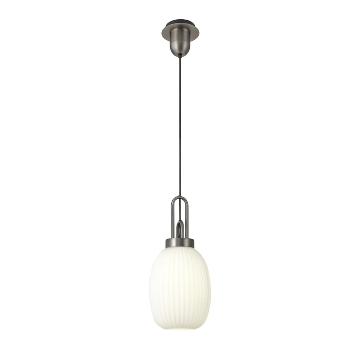 Idolite Camille 1 Light Pendant E27 20cm Almond Ribbed Glass, Opal Antique Silver/Black
