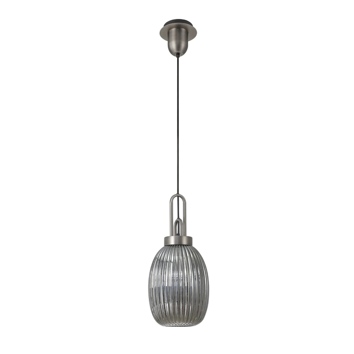 Idolite Camille 1 Light Pendant E27 20cm Almond Ribbed Glass, Smoked Antique Silver/Black