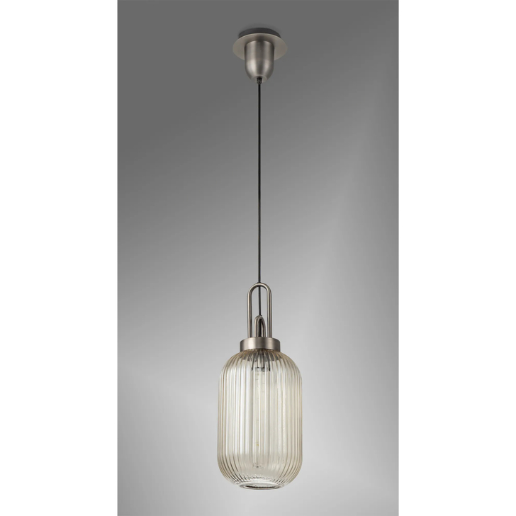 Idolite Camille 1 Light Pendant E27 20cm Tubular Ribbed Glass, Champagne Antique Silver/Black