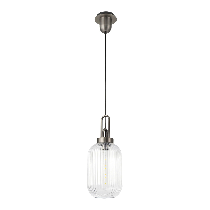 Idolite Camille 1 Light Pendant E27 20cm Tubular Ribbed Glass, Clear Antique Silver/Black