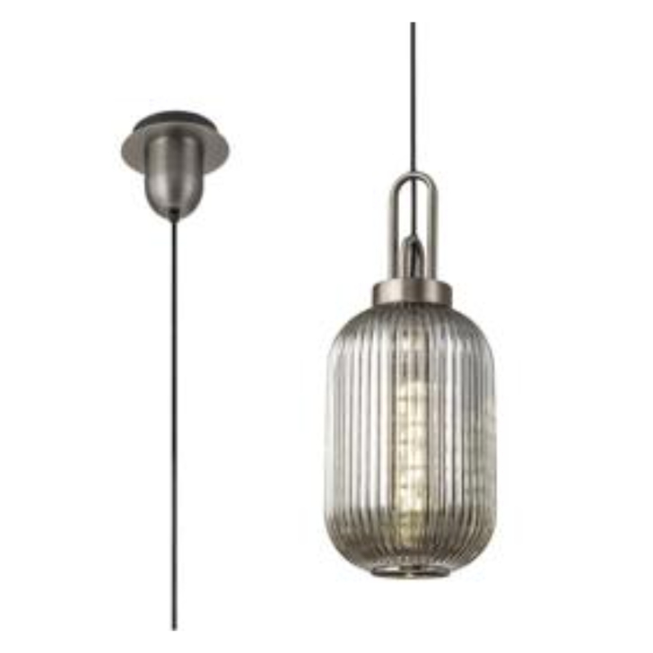 Idolite Camille 1 Light Pendant E27 20cm Tubular Ribbed Glass, Smoked Antique Silver/Black