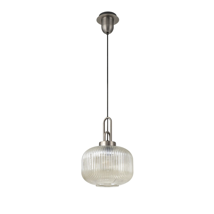 Idolite Camille 1 Light Pendant E27 30cm Pumpkin Shaped Ribbed Glass, Champagne Antique Silver/Black