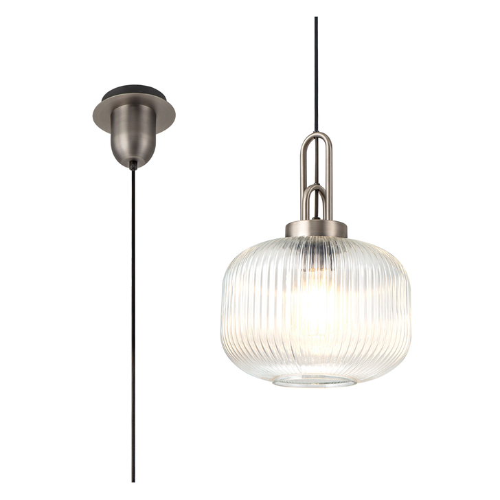 Idolite Camille 1 Light Pendant E27 30cm Pumpkin Shaped Ribbed Glass, Clear Antique Silver/Black