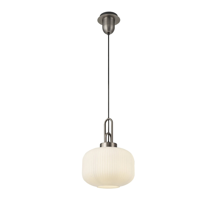 Idolite Camille 1 Light Pendant E27 30cm Pumpkin Shaped Ribbed Glass, Opal Antique Silver/Black
