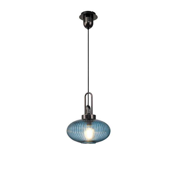Idolite Camille 1 x E27 Pendant With 30cm Oval Sphere Ribbed Glass, Black Chrome/Petrol Blue/Matt Black