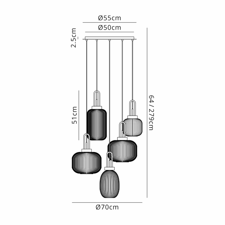 Idolite Camille 2.5m 5 Light Round With Multiple Shades & Colours, 5 x E27, Matt Black