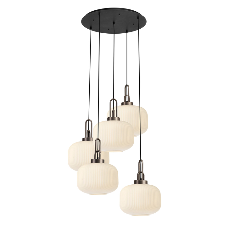 Idolite Camille 2.5m Round Pendant, 5 x E27, Antique Silver/Matt Black With 30cm Pumpkin Shaped Ribbed Opal Glass