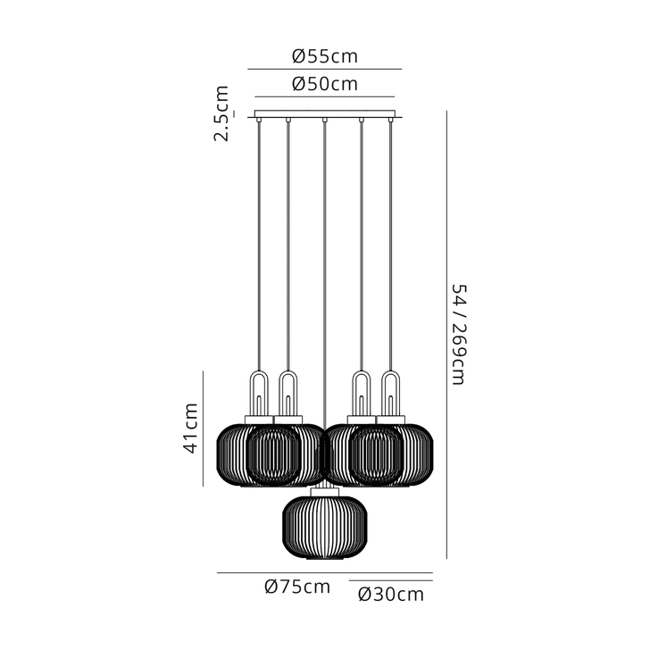 Idolite Camille 2.5m Round Pendant, 5 x E27, Black Chrome/Matt Black With 30cm Pumpkin Shaped Ribbed Champagne Glass