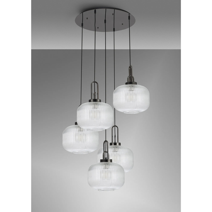 Idolite Camille 2.5m Round Pendant, 5 x E27, Black Chrome/Matt Black With 30cm Pumpkin Shaped Ribbed Clear Glass
